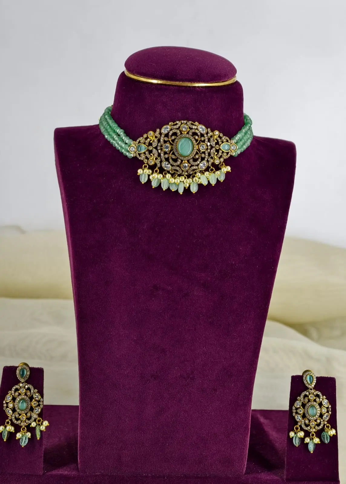 Amaira Pastel Green beaded Victorian Necklace Set