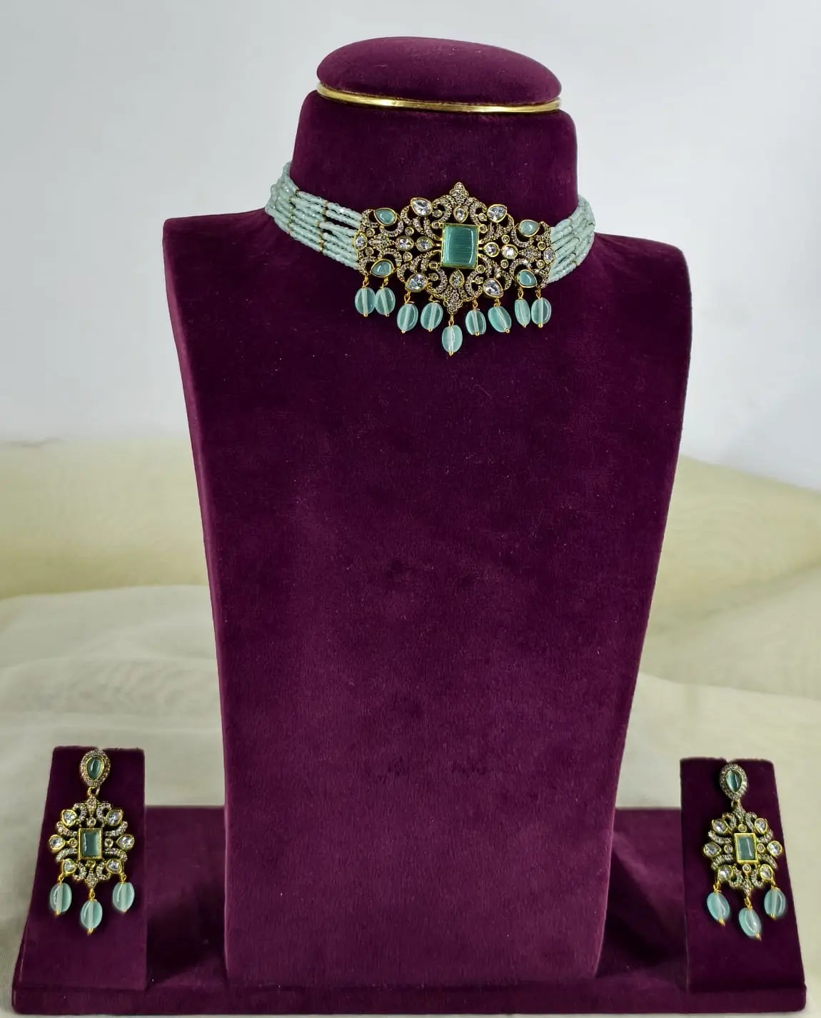 Celeste Mint Green Victorian Bead Choker Set