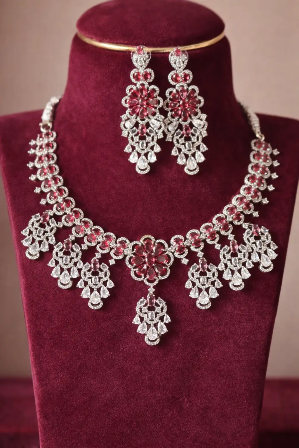 Aira Ruby Rosette Bridal AD Necklace Set