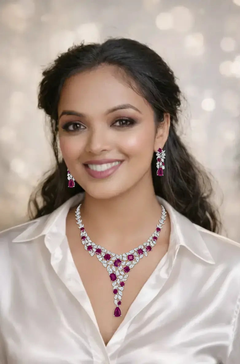 Premium - Fuchsia CZ Bridal Necklace set