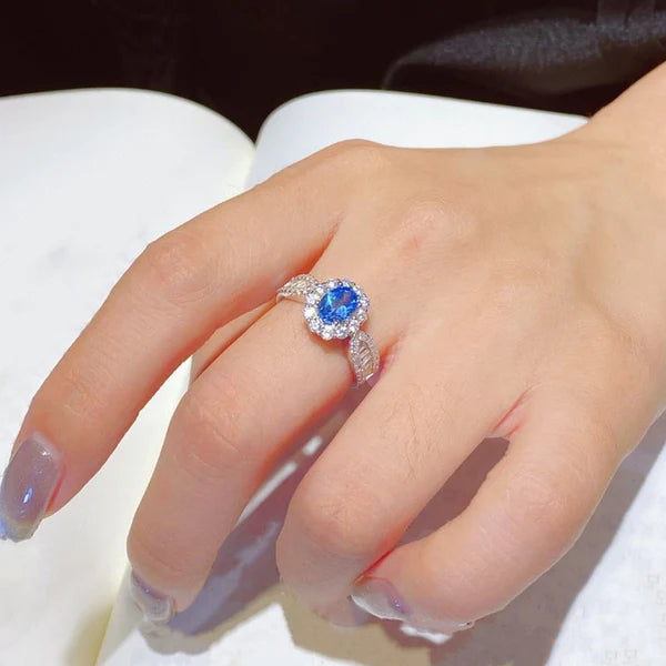 Silver plated American Diamond Oval shape Crystal Blue Finger Ring