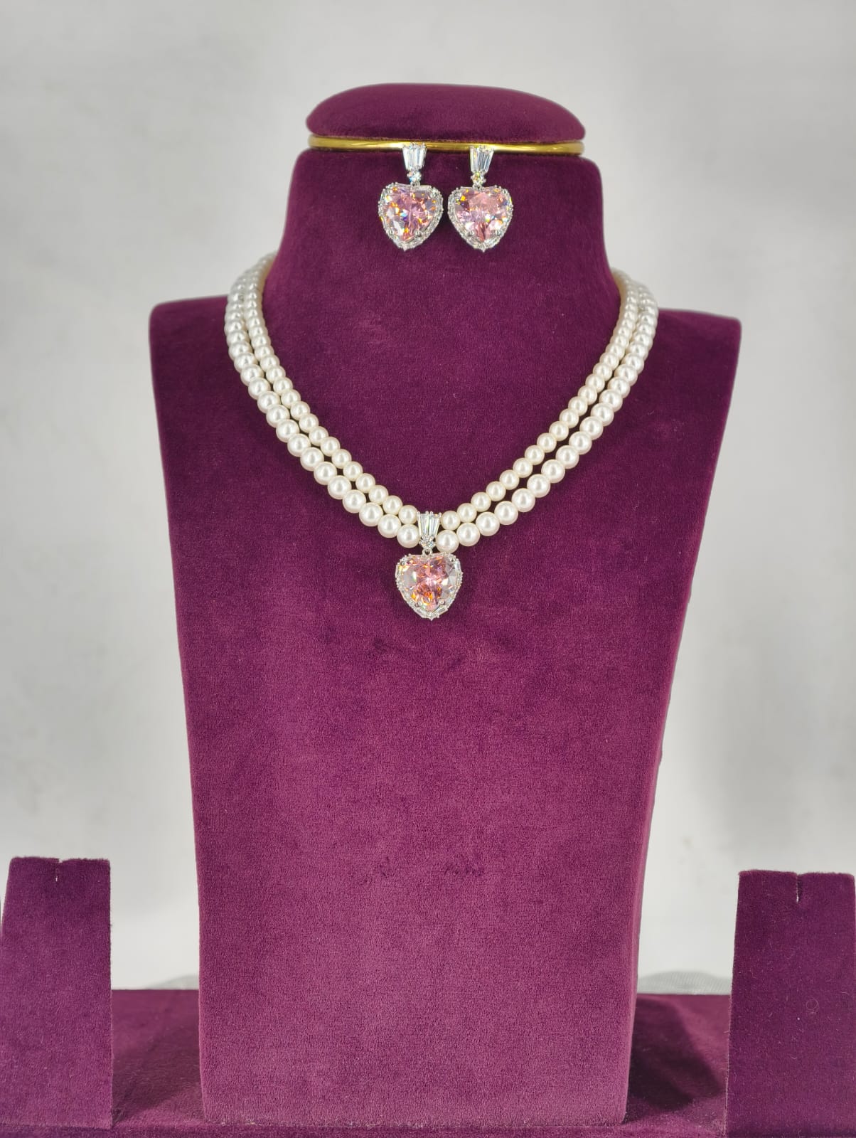 Vintage Pink Sparkle CZ Pearl Necklace Set