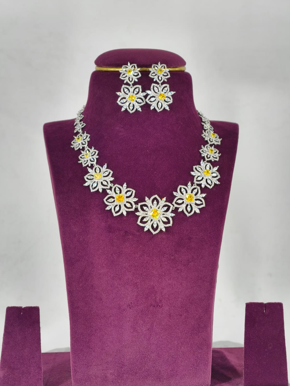 Luxurious Floral Yellow CZ Bridal Necklace Set