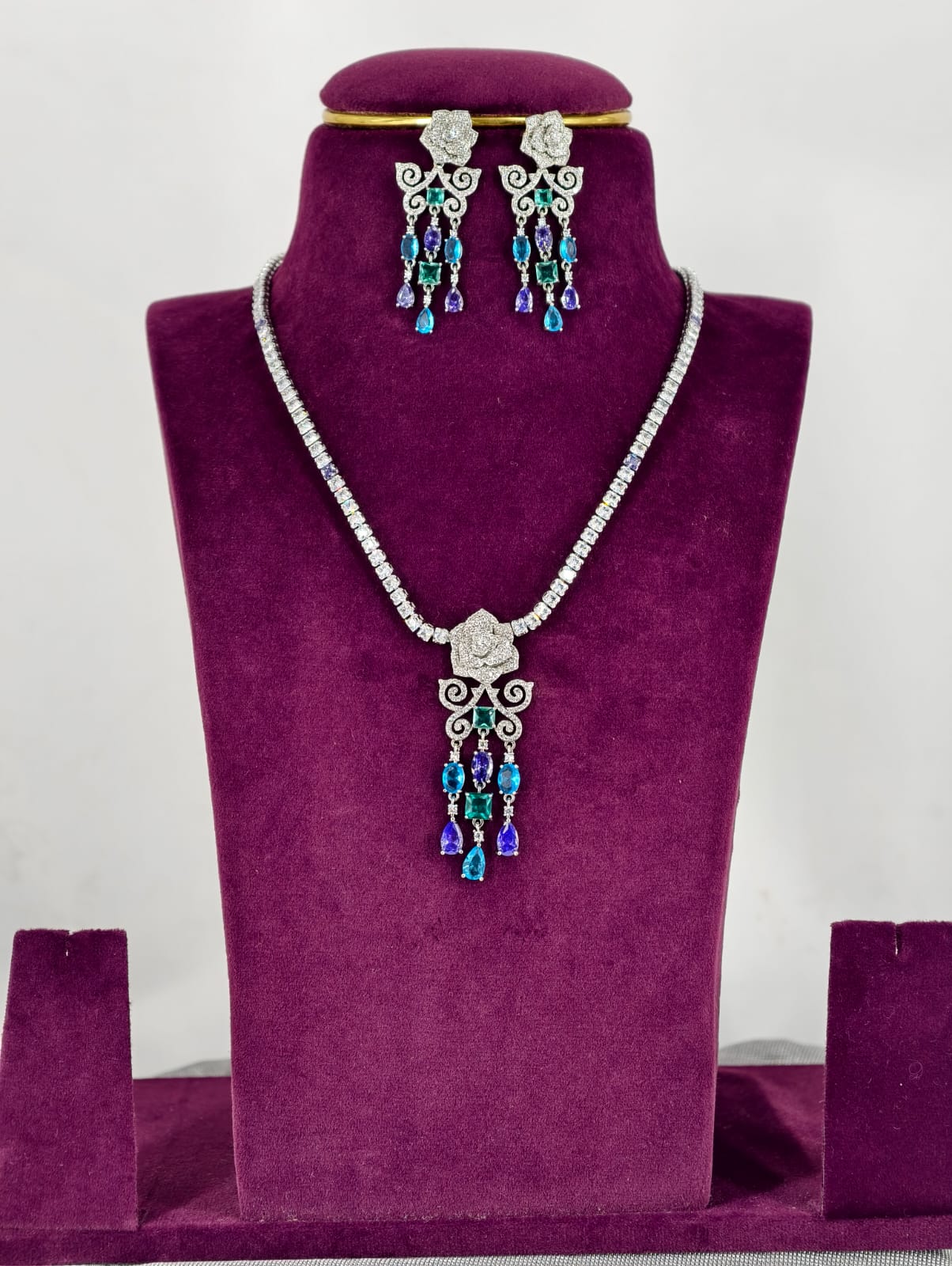 Luxurious Rose Flower CZ Party Neckace Set