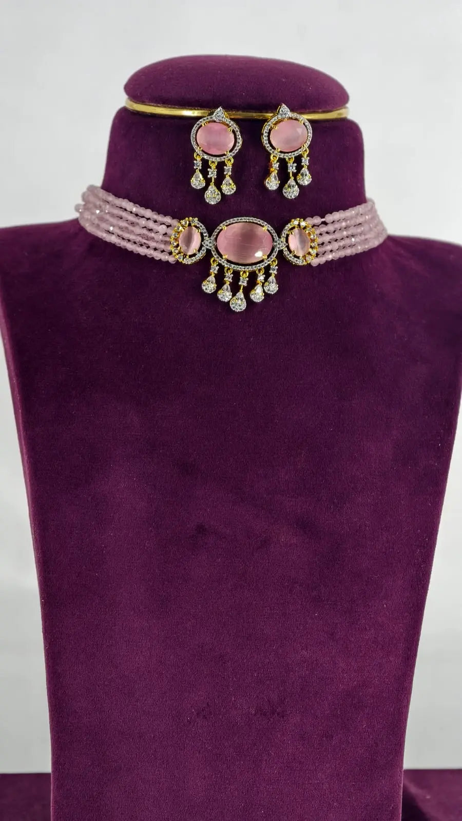 Rosevina Pastel Pink Beaded AD Necklace Set