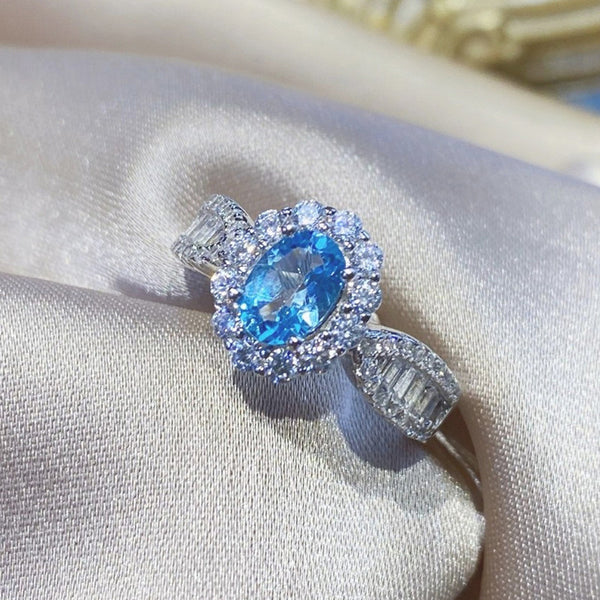 Silver plated American Diamond Oval shape Crystal Blue Finger Ring