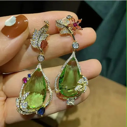 Olive Green Teardrop Peridot Austrian Crystals Earrings