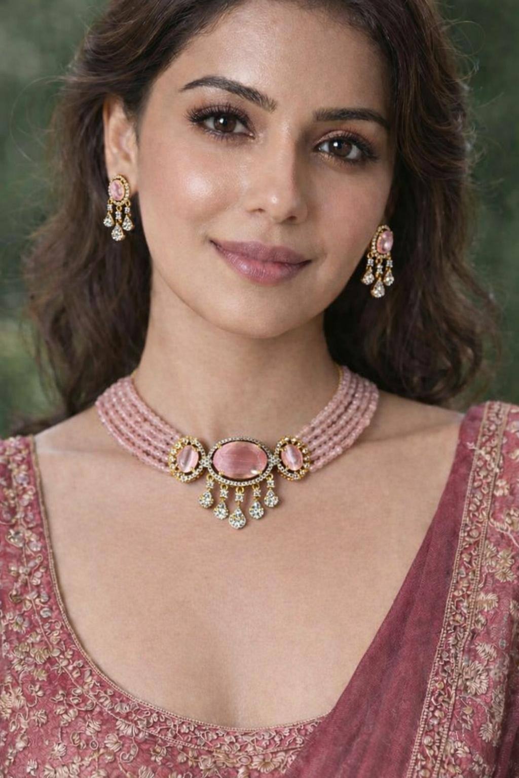 Rosevina Pastel Pink Beaded AD Necklace Set