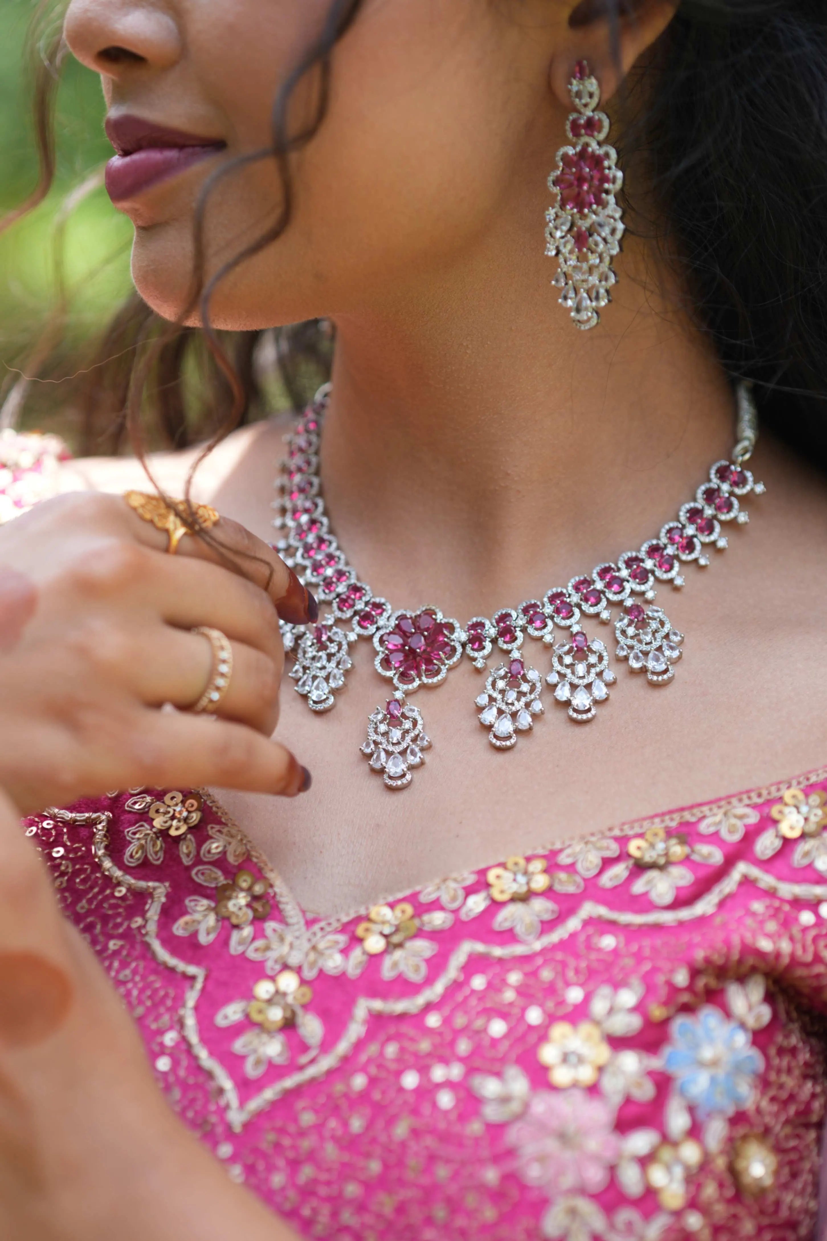 Aira Ruby Rosette Bridal AD Necklace Set