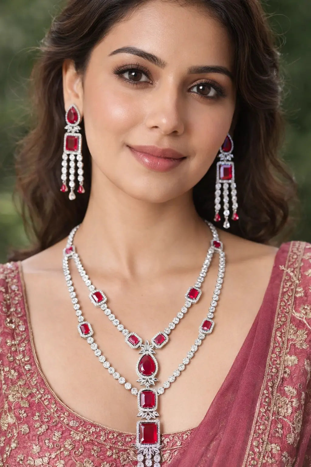 Myra Regal Crimson  Cascade Bridal AD Necklace Set