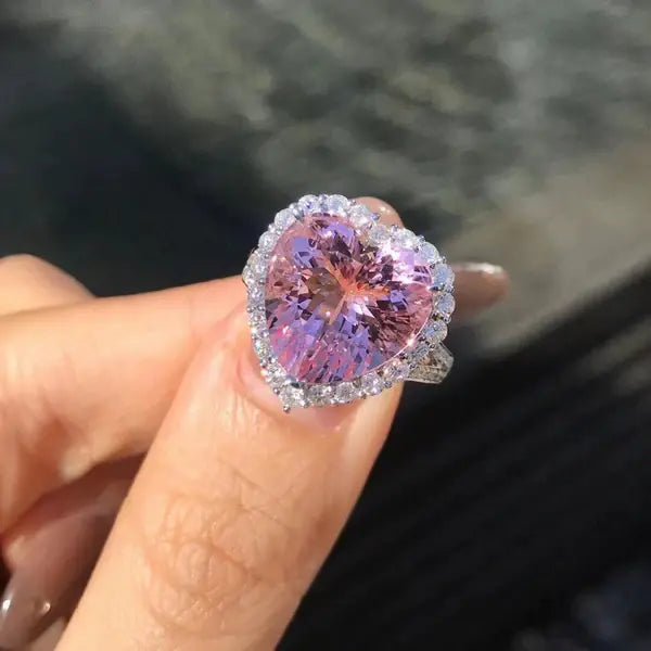 Silver plated Crystal Crushed Ice Pink Heart Shaped with a curve Adjustable Finger Ring