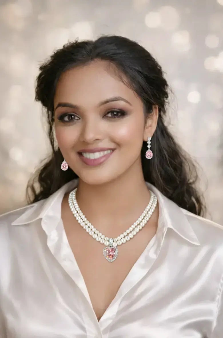 Vintage Pink Sparkle CZ Pearl Necklace Set