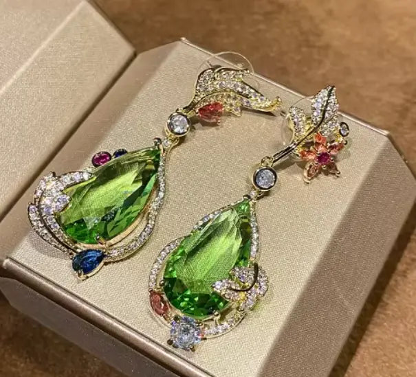 Olive Green  Teardrop  Peridot  Austrian Crystals Earrings