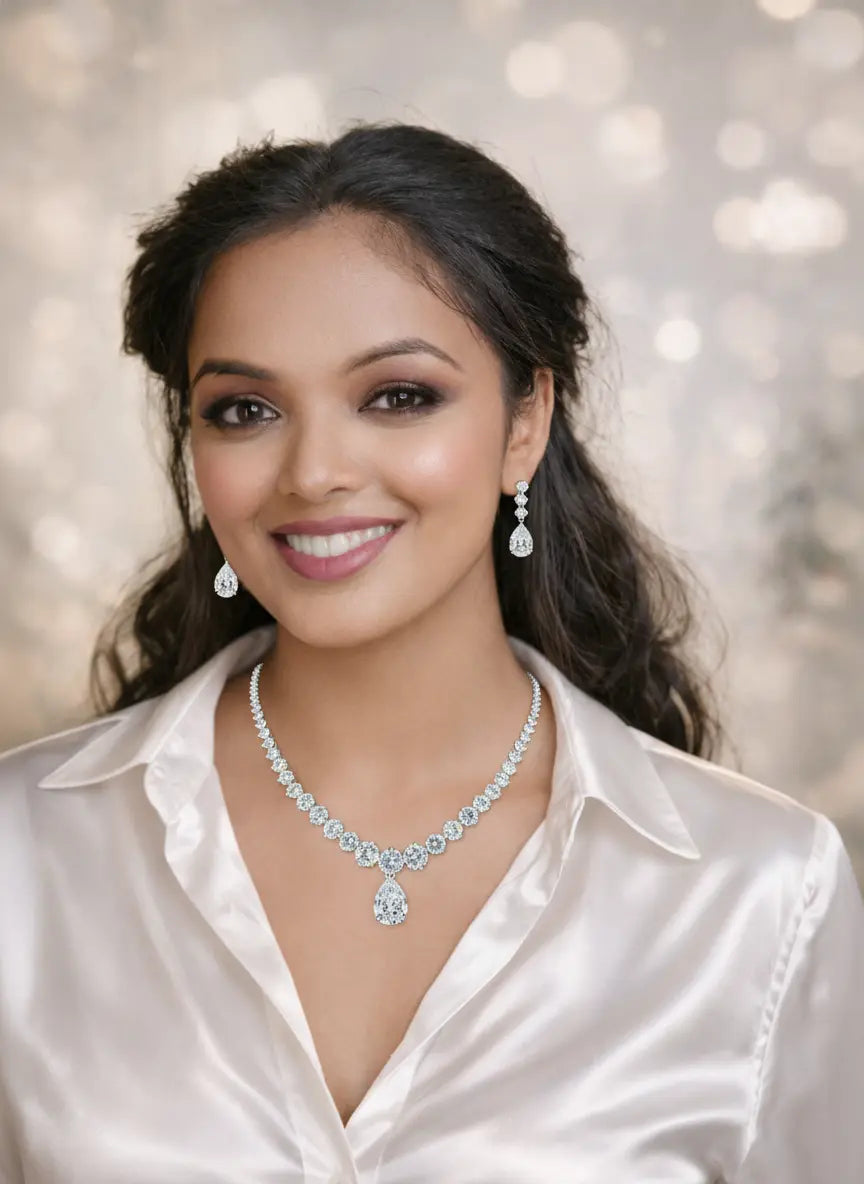 Classic Tear Drops Tennis CZ Bridal Necklace Set