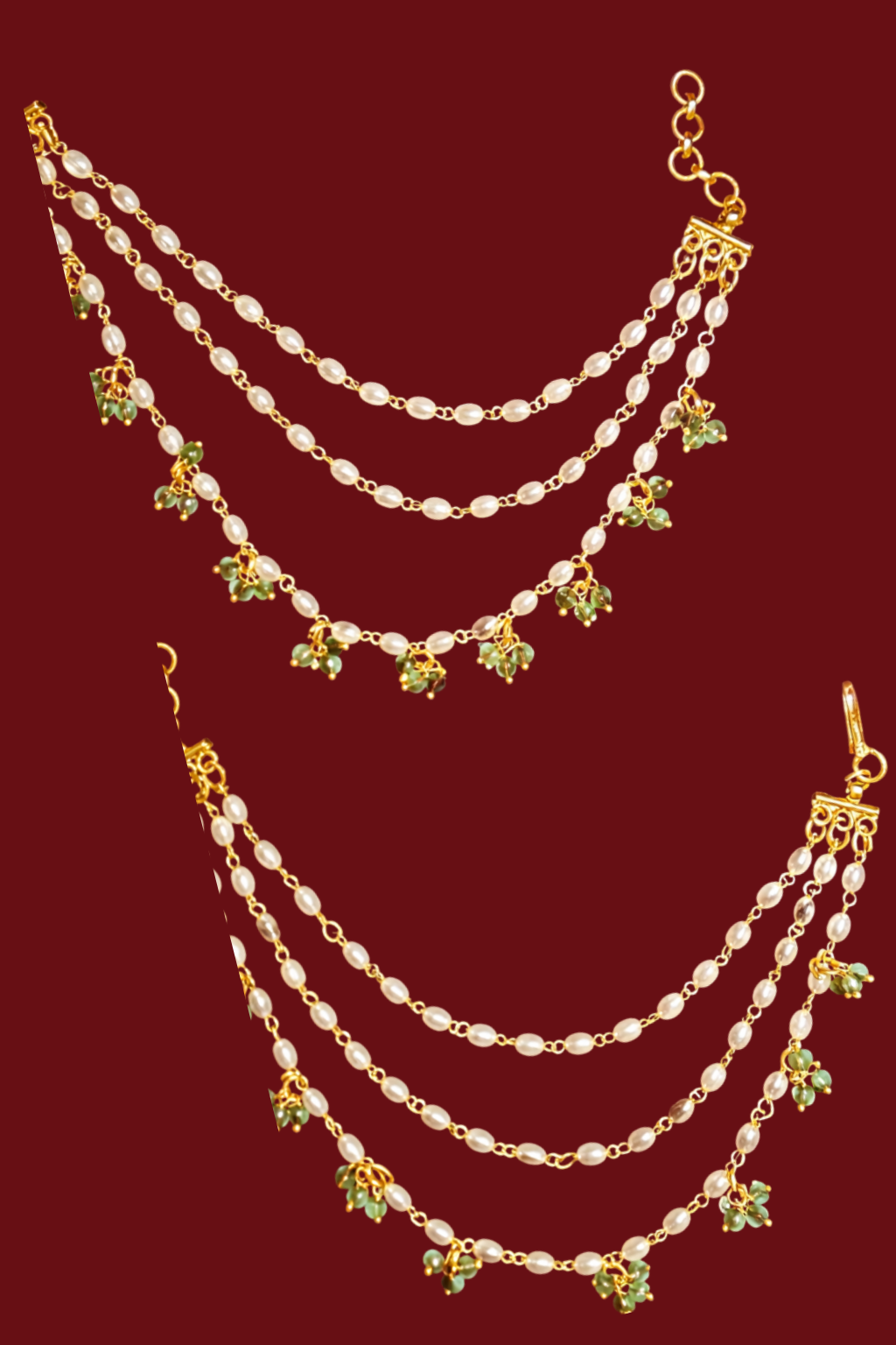 Gold Plated Pearl & Green  Jadau Ear Chain (Maattil/Champaswaralu)