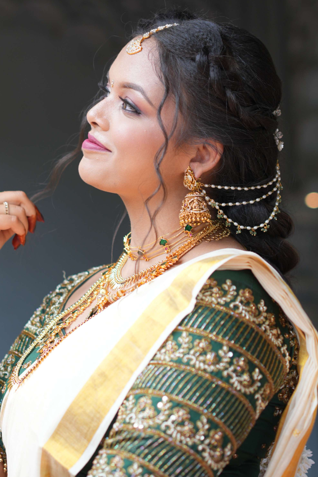 Gold Plated Pearl & Green  Jadau Ear Chain (Maattil/Champaswaralu)