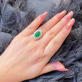 Silver plated  American Diamond  Emerald Green Oval Cut Shape Finger Ring