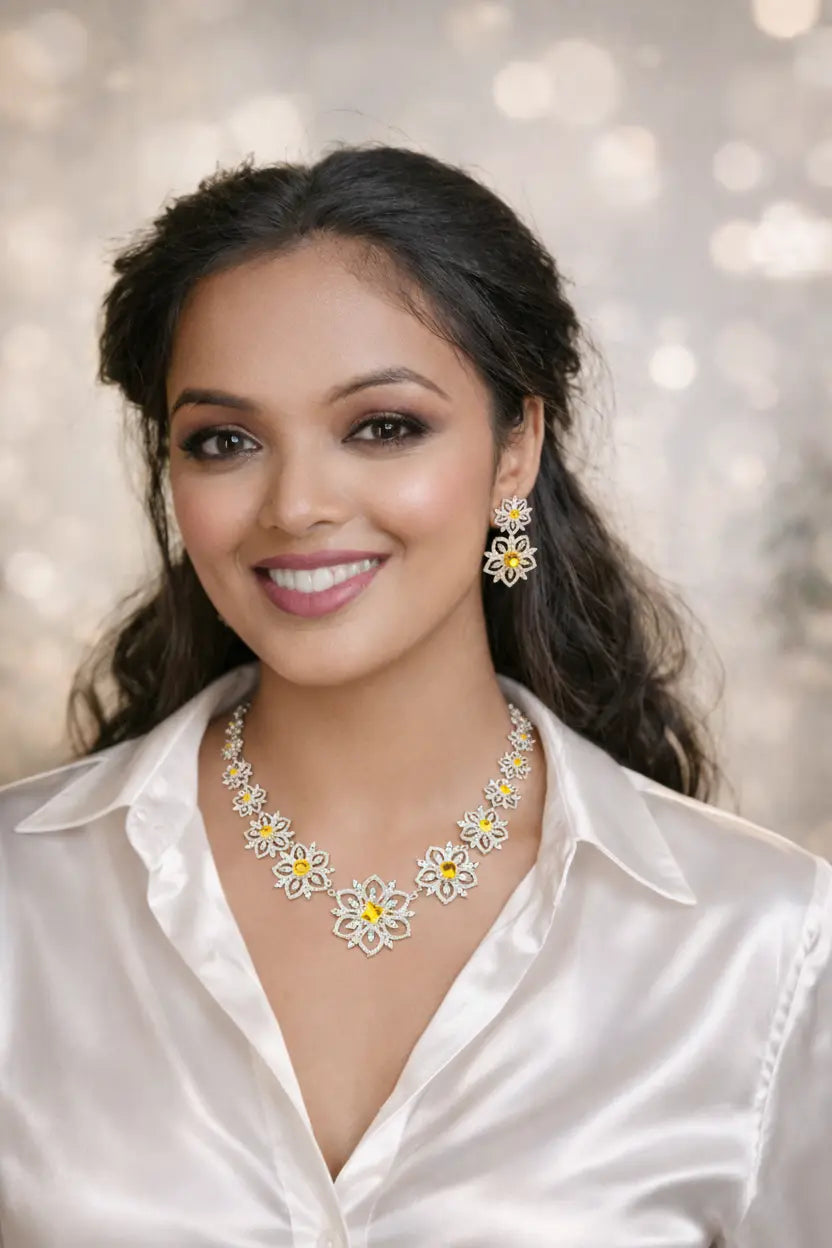 Luxurious Floral Yellow CZ Bridal Necklace Set