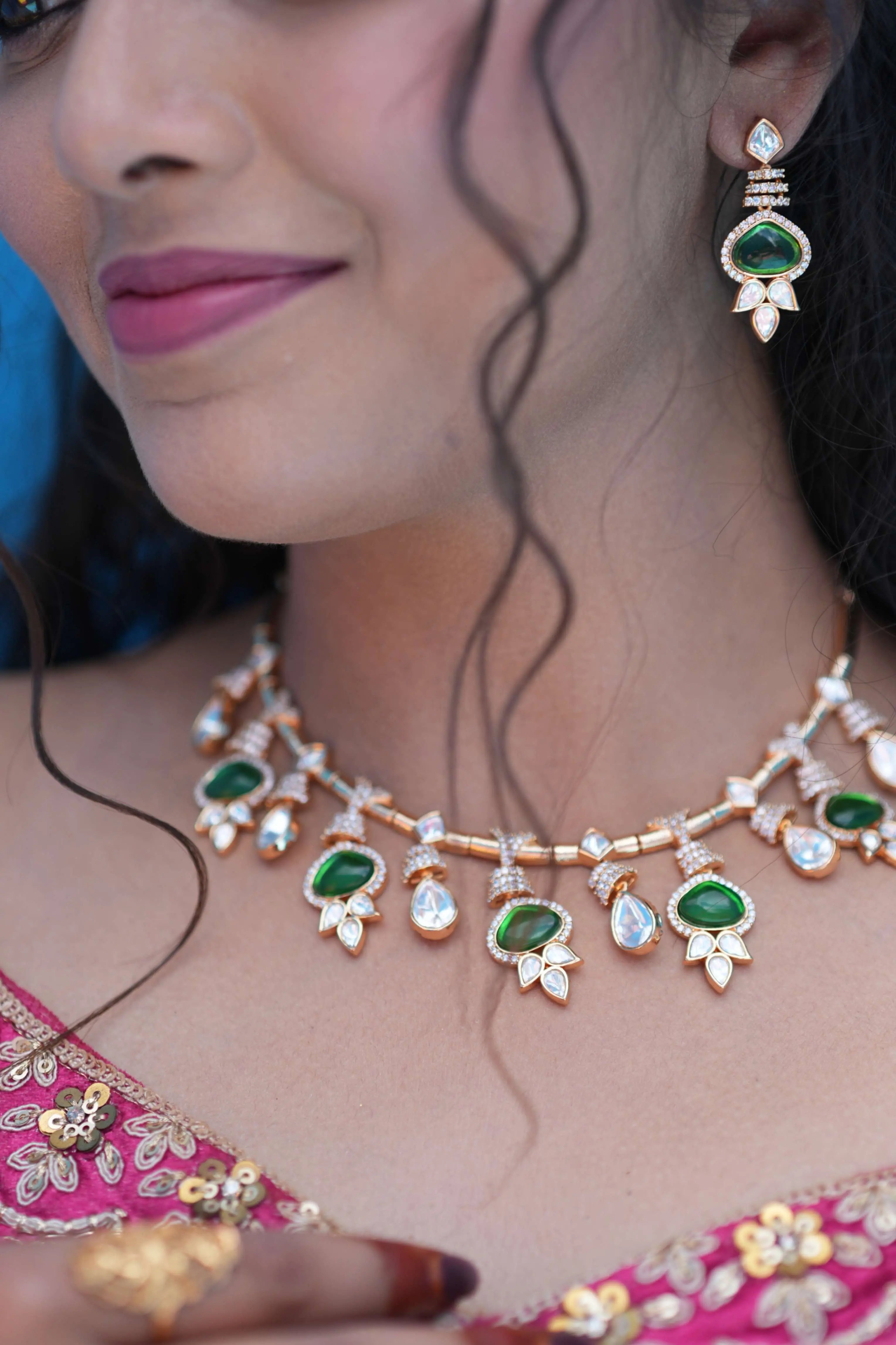 Elara Green Gold plated Polki Necklace