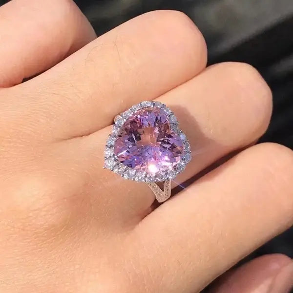 Silver plated Crystal Crushed Ice Pink Heart Shaped with a curve Adjustable Finger Ring